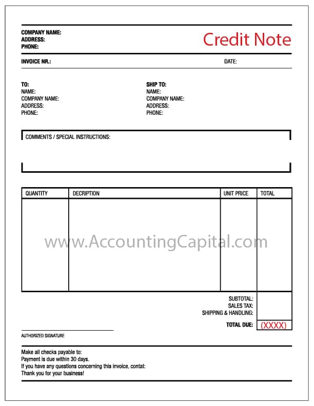 Template for Credit Note