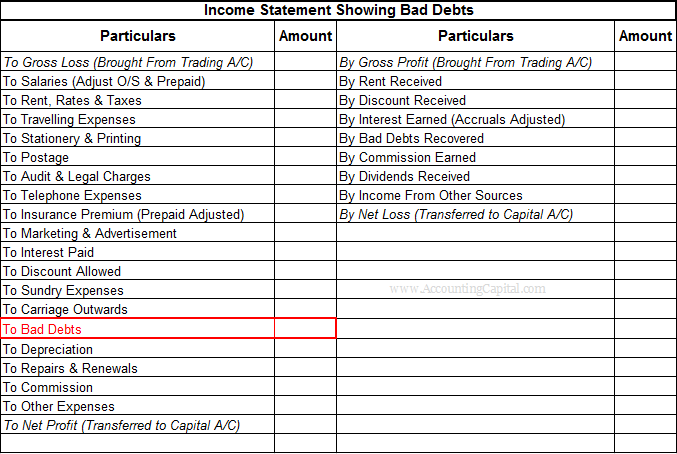 Income statement showing bad debts