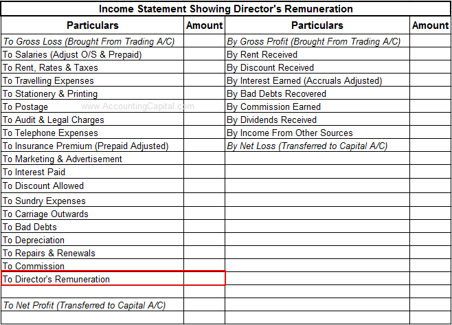 Income statement showing director's remuneration