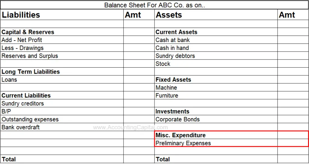 presentation of preliminary expenses in balance sheet