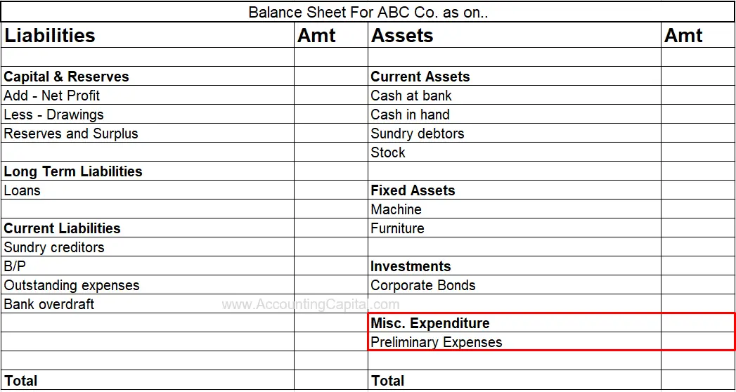 Preliminary Expenses Shown in the Balance Sheet