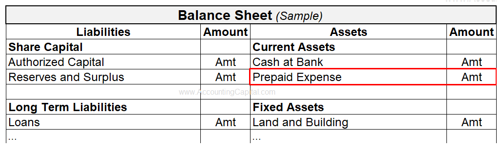 Prepaid expenses shown in the balance sheet