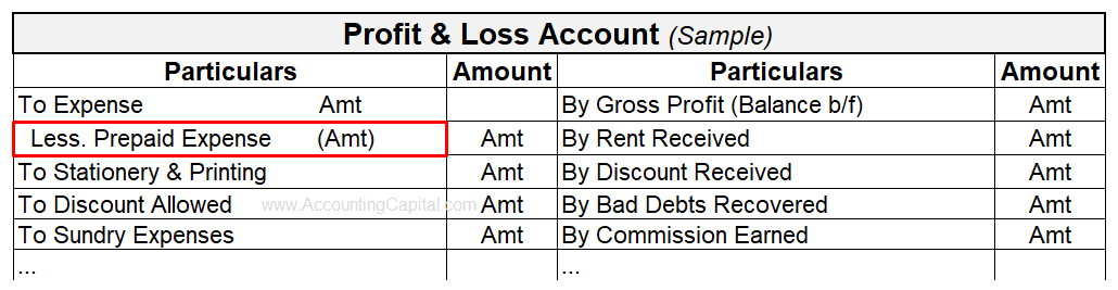 Prepaid expenses shown in the profit and loss account