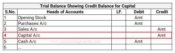 Trial Balance Showing Credit Balance for Capital