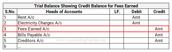Trial Balance Showing Credit Balance for Fees Earned