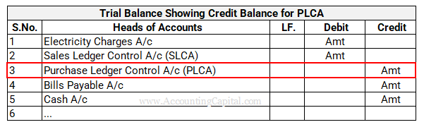 Trial balance Cr balance for Purchase Ledger Control Account