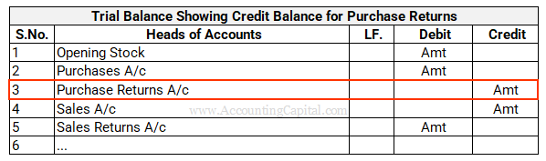 Trial Balance Showing Credit Balance for Purchase Returns