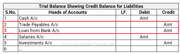 Trial Balance Showing Credit Balance for Liabilities